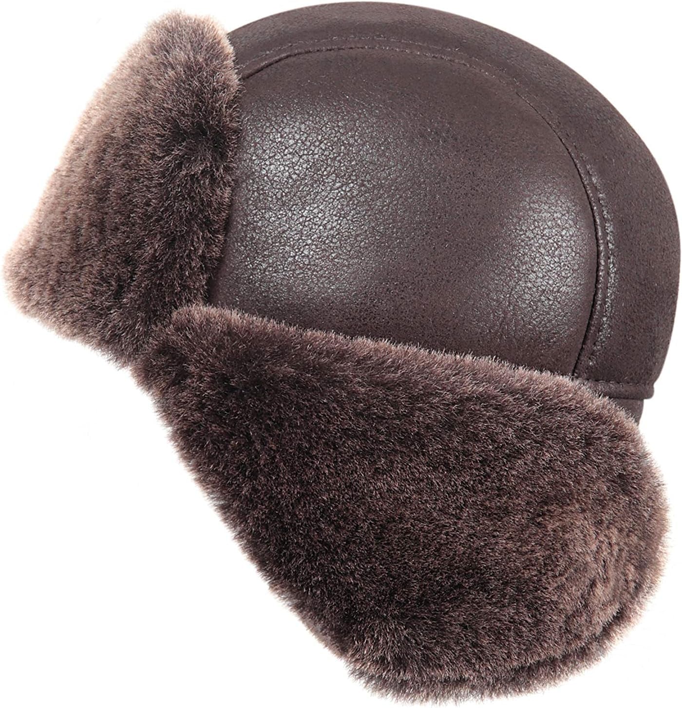 Leather Aviator Shearling Ushanka Trapper Hat Russian Sheepskin Cap Real Fur Winter Hat with Ear Flaps for Men Women