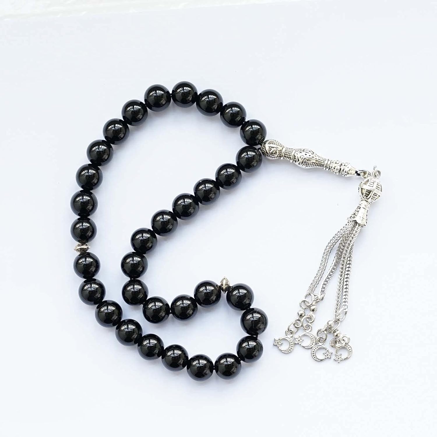 10Mm Tasbih Prayer Beads Natural Black Agate Stone Islamic Misbaha Prayer Rosary Beads Muslim Islam Misbaha Bracelet Moon Tasbeeh Sibha 33 Prayer Beads Hand Bracelets