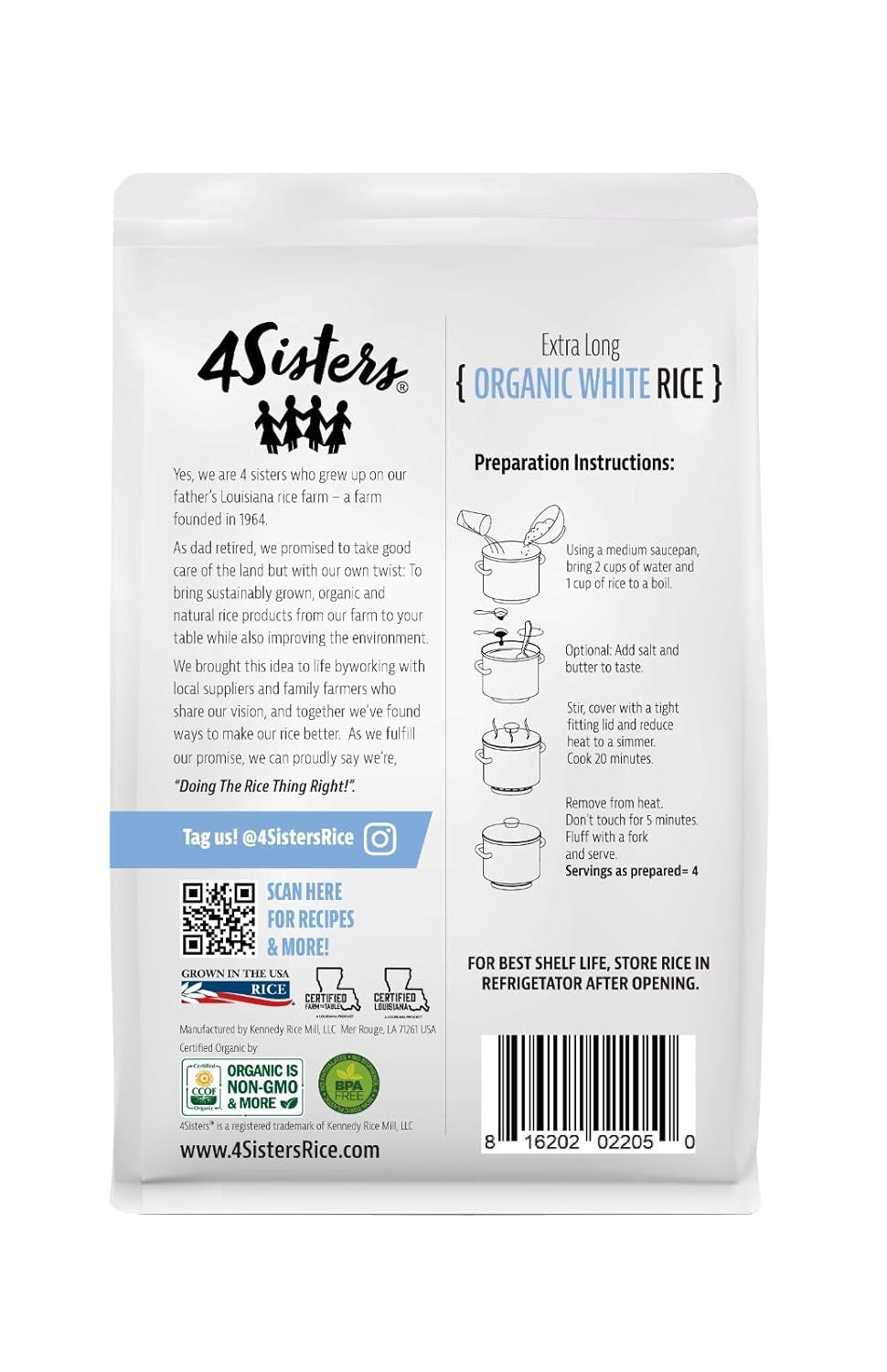 '- Organic Long Grain White Rice - Grown in USA - Sustainably Grown - Women Owned - Farm to Table - 2Lb