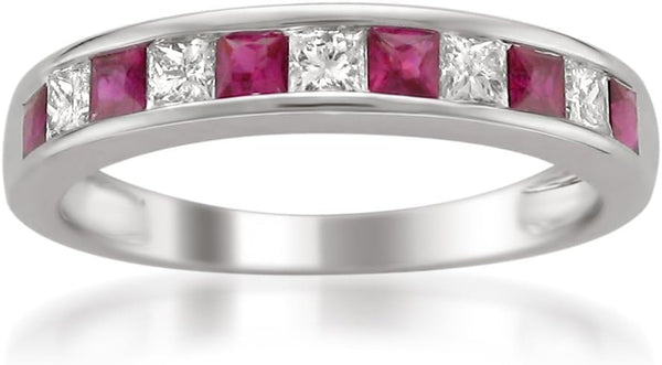 1/2 Carat Princess Cut Diamond Wedding Band, 14K Gold Channel Set (H-I, I1-I2) Natural Diamond for Women, Gift Box Included (Ruby & Blue Sapphire, White & Yellow Gold)