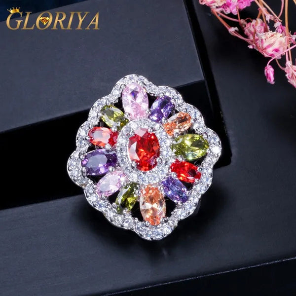Gloriya Fashion Summer Silver Plated Engagement Party Ring Jewelry Inlaid Exquisite Multi Cut Green Red Purple Color CZ Crystal Big Wedding Band for Women