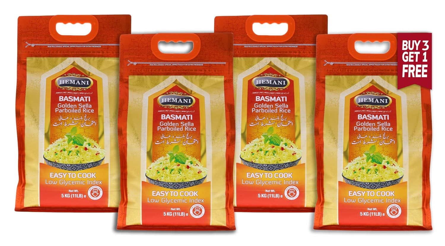 Basmati Golden Sella Parboiled Rice 11LB - Great Value Savings - 1 LB FREE - Easy to Cook - Low Glycemic Index (4 Pack: 44 Pounds)