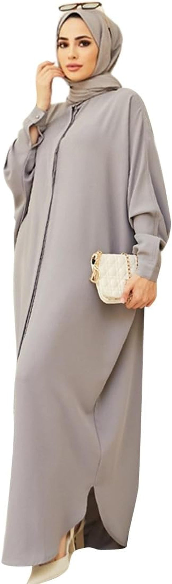Muslim Dresses for Women Abaya Button down Henley Shirt Prayer Dress Batwing Long Sleeve Middle East Arabian Robe