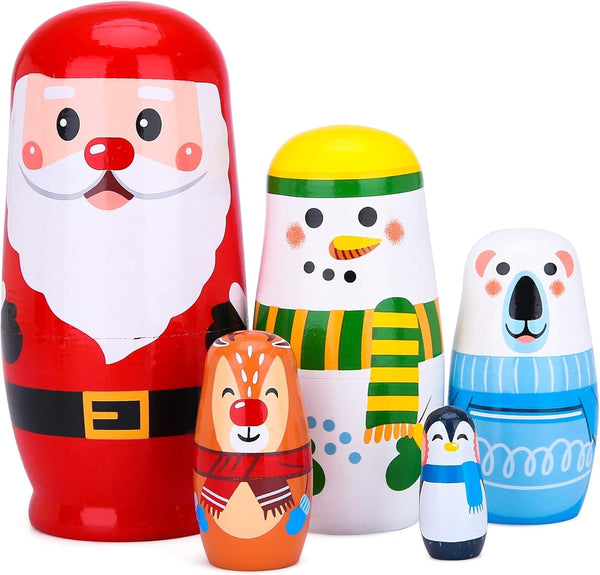 Nesting Dolls Russian Matryoshka Wood Stacking Dolls for Kids Handmade Toys(New Santa)