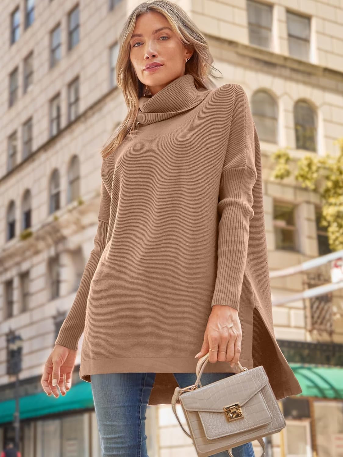 Women'S Turtleneck Oversized Sweaters Long Batwing Sleeve Spilt Hem Tunic Pullover Knit Tops