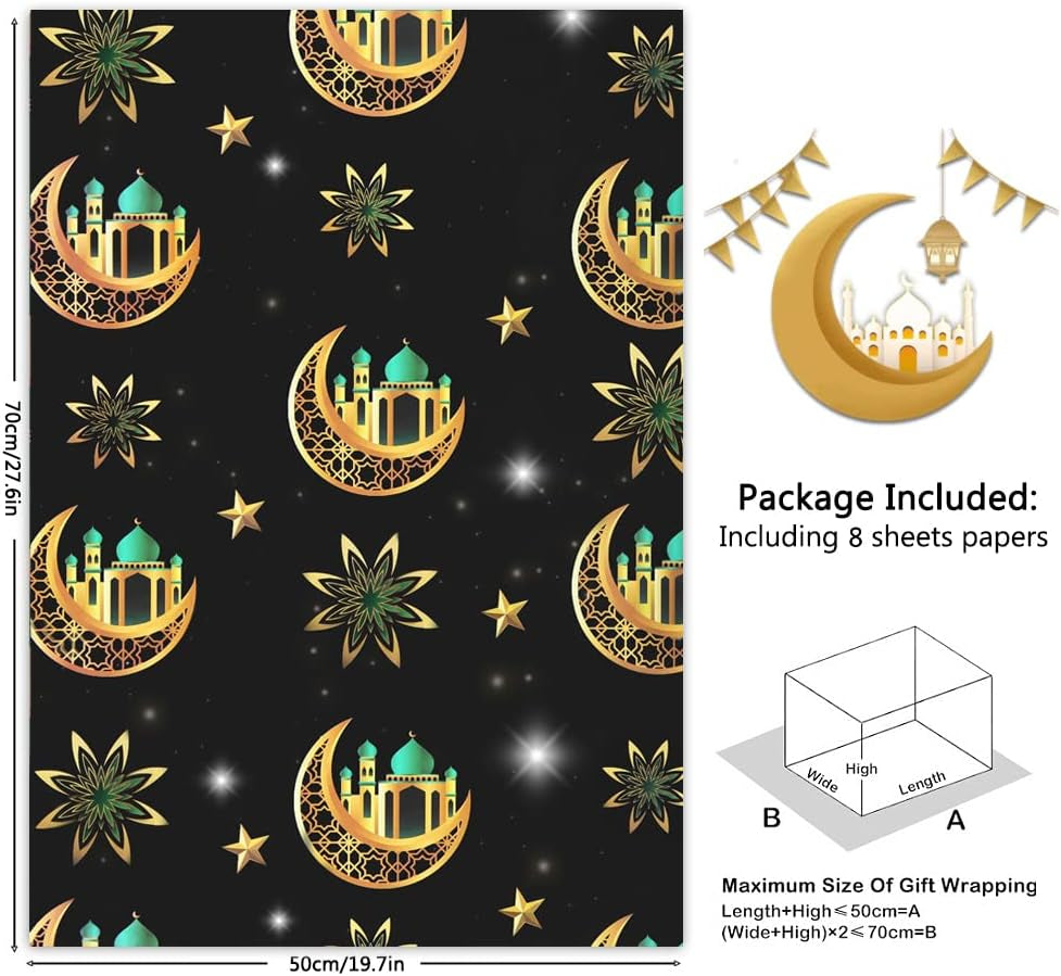 8 Pieces Eid Gift Wrapping Paper Ramadan Wrapping Paper, Moon Mosque Eid Mubarak Gift Wra in 4 Designs for Islam Kids Women Men Holiday Birthday Baby Shower Celebration Party Gift Wrap DIY Craft