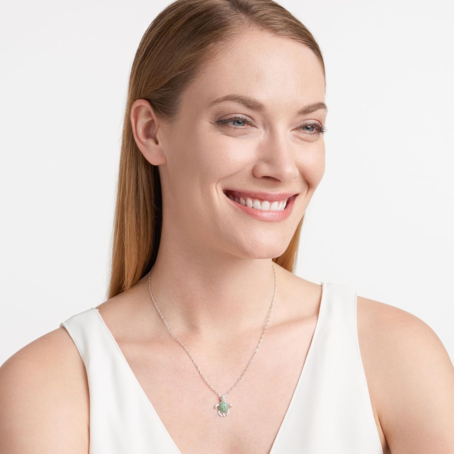 Rhodium Plated 925 Sterling Silver White and Green Cubic Zirconia Turtle Pendant Necklace, 18 Inches Cable Chain