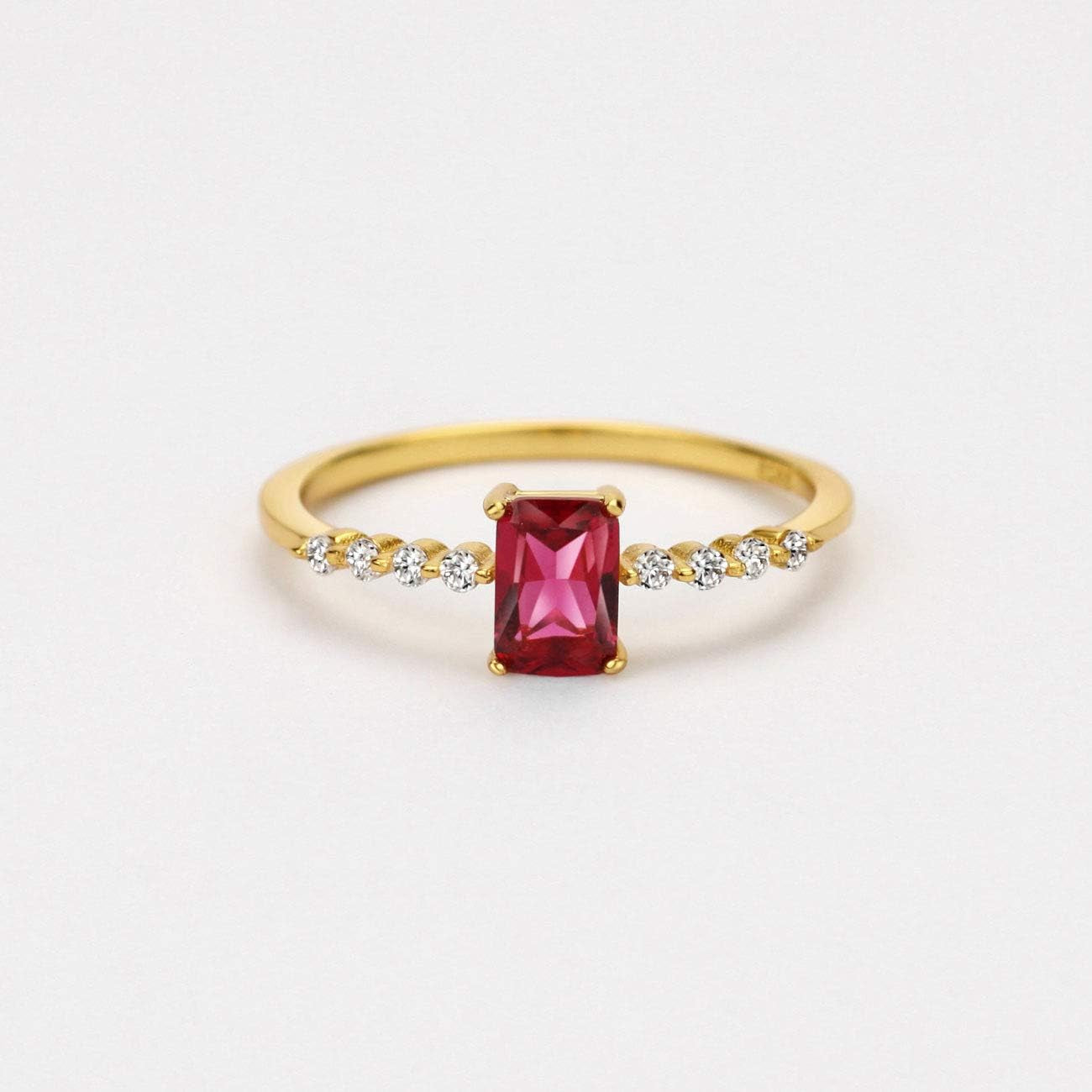 S925 Dainty Baguette Birthstone Rings CZ Band Rings Ruby 18K Gold Plated Sterling Silver Fine Jewelry for Women