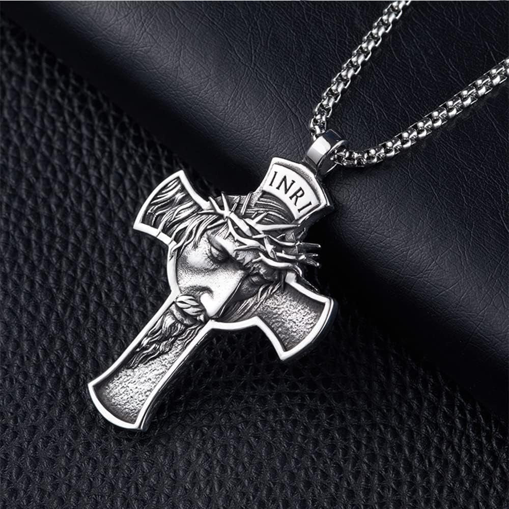 INRI Jesus Christ Necklace, Cross Pendant Necklace with Crown of Thorns Jesus
