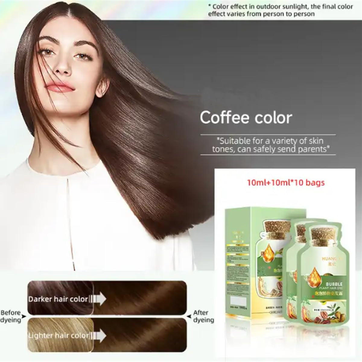 HUANG YI Natural Plant Hair Dye, New Botanical Bubble Hair Dye 20Ml 10Packs/Box, Pure Plant Extract for Grey Hair Color Bubble Dye, New Botanical Bubble Hair Shampoo(Coffee)