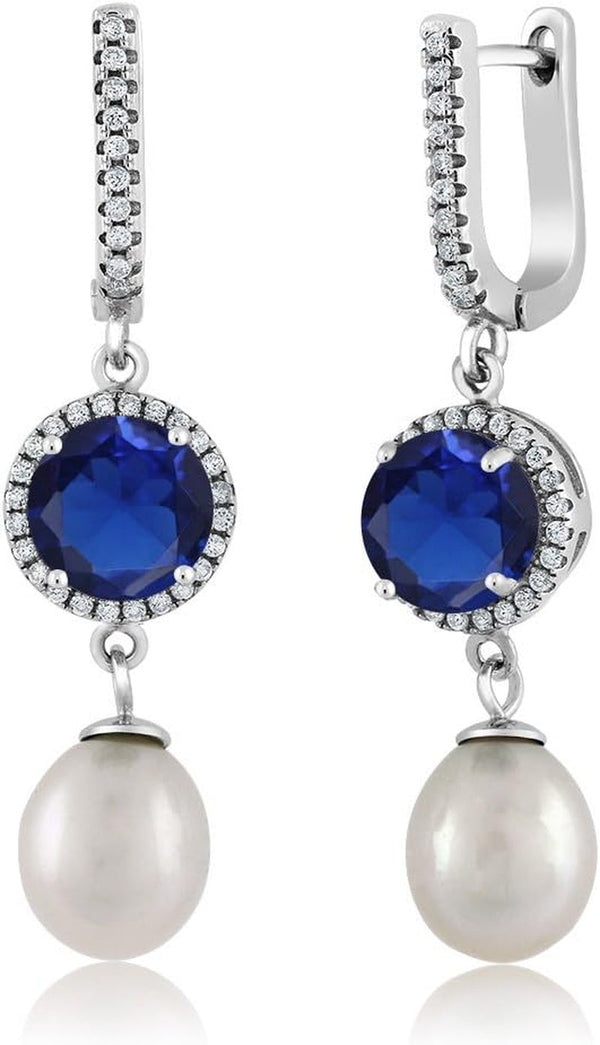 Cultured Freshwater Pearl and Gemstone Birthstone Drop Dangle Earrings for Women | 925 Sterling Silver | 11X8MM Pearl and 8MM Gemstone Birthstone