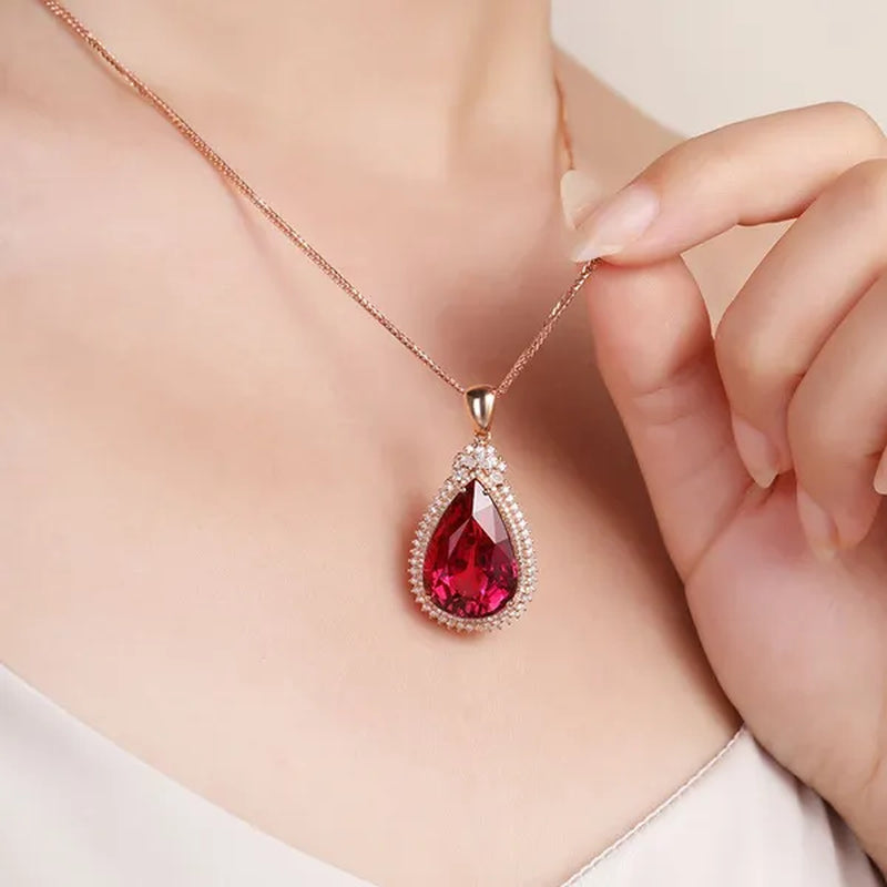 New Jewelry Fashiongold-Plated Zircon AAA Ruby Water Drop Pendant Rose Gold Necklace Ornament