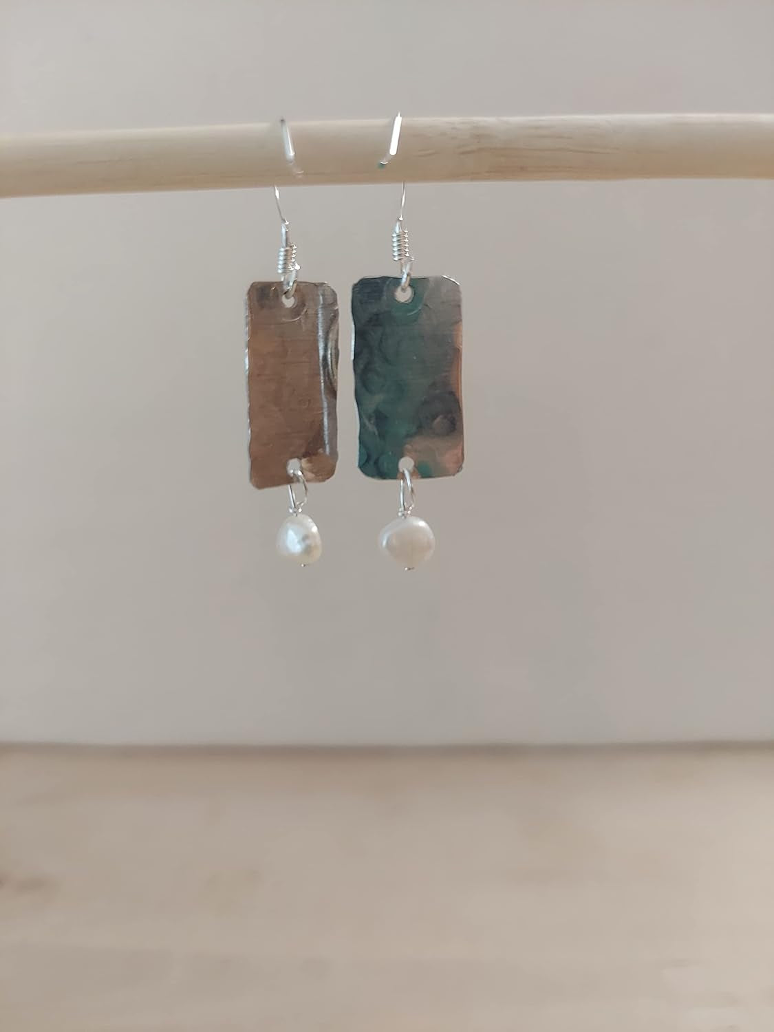 Handmade Lightweight Silvertone Sapphire Blue and White Pearl Rectangle Drop Womens Earrings