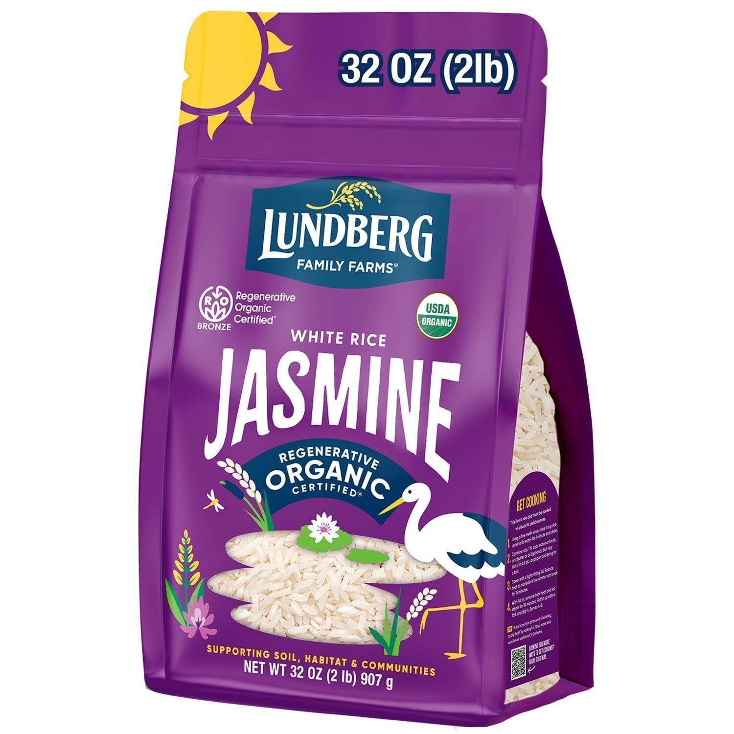 Jasmine Rice, Regenerative Organic Certified – Non-Sticky, Aromatic Long-Grain White Rice, Responsibly Grown in California, 32 Oz