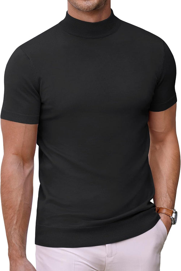 Mens Mock Turtleneck Sweater Short Sleeve Casual Dress Sweater Slim Fit Pullover Basic Knit Tee