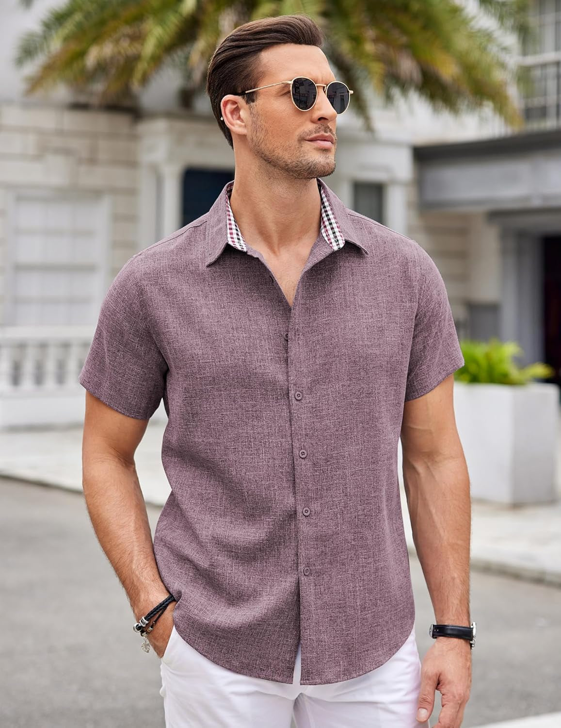 Mens Linen Shirt Short Sleeve Button down Shirts Casual Plaid Collar Summer Beach Shirts