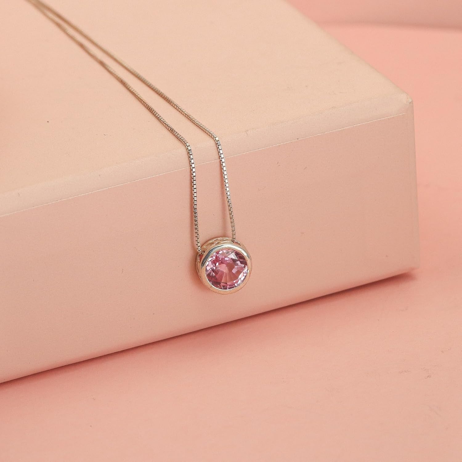 Silver Pink Sapphire Necklace, Slider Solitaire Gemstone Pendant with 16" Box Chain; Pink Sapphire Birthstone Pendant Gemstone for Women by Lotus Stone Design (16, Pink Sapphire)