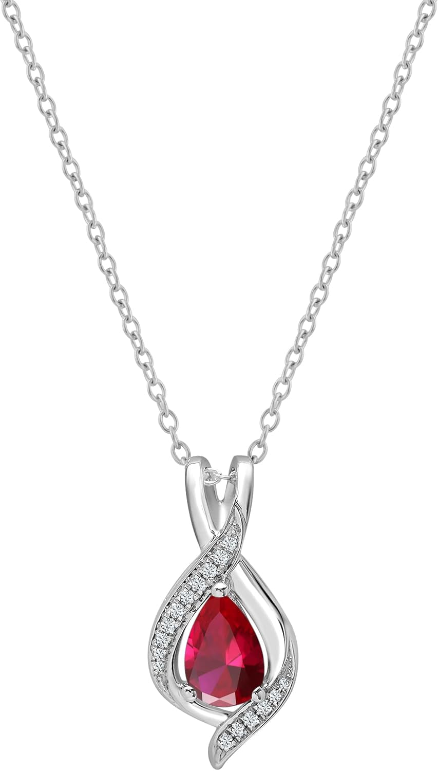 9X6Mm Pear Lab Created Gemstone & round White Diamond Swirl Teardrop Pendant with 18 Inch Chain for Women in Solid Gold