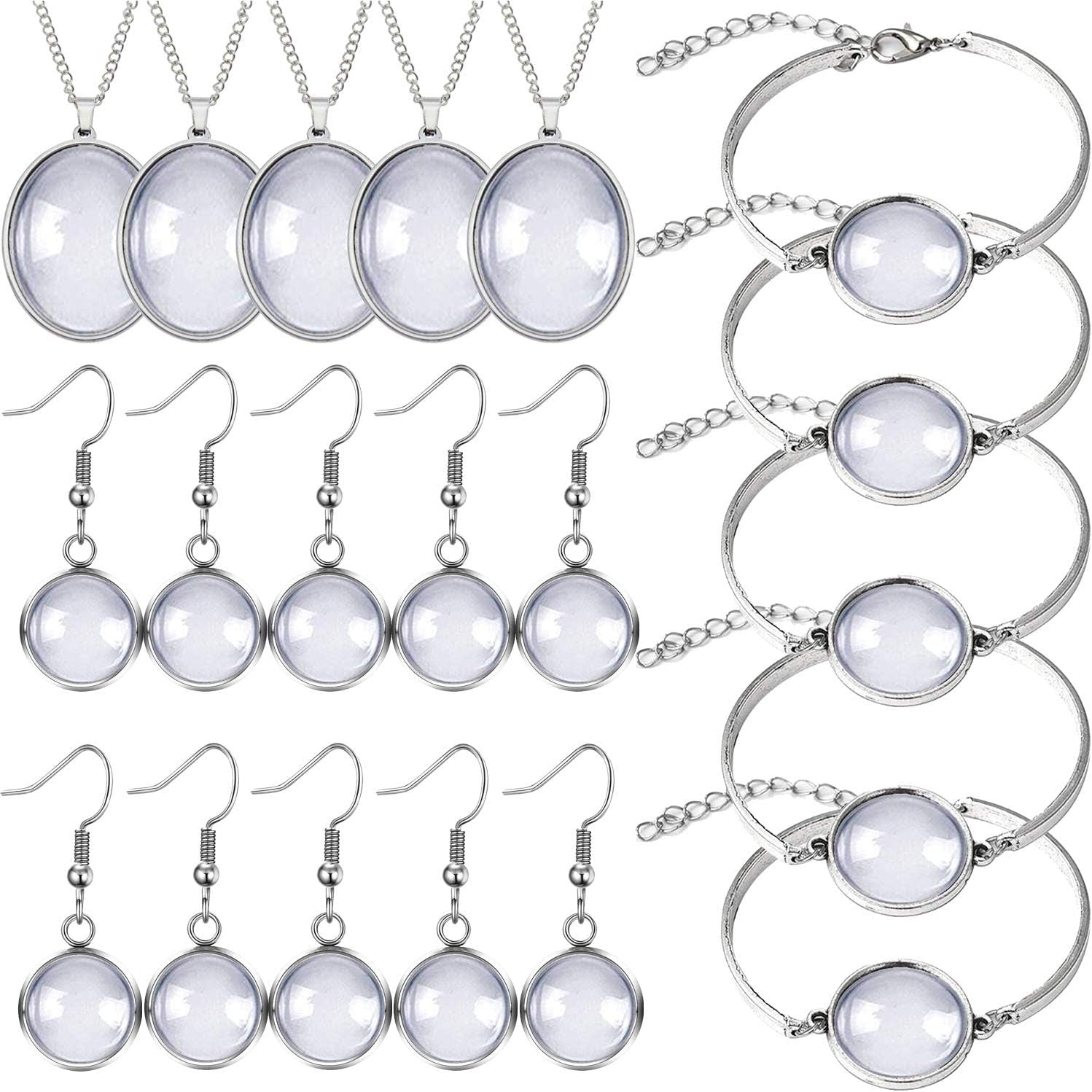40Pcs Pendant Trays Set, Including 5Pcs Pendant Trays Necklace, 5Pcs Bracelet Bezel Settings, 10Pcs Glass Cabochons Earrings, 20Pcs Glass Dome Cabochon for DIY Jewelry Making
