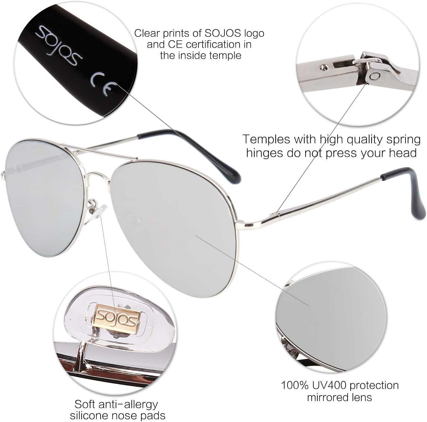Classic Aviator Sunglasses for Women Men Metal Spring Hinges SJ1030