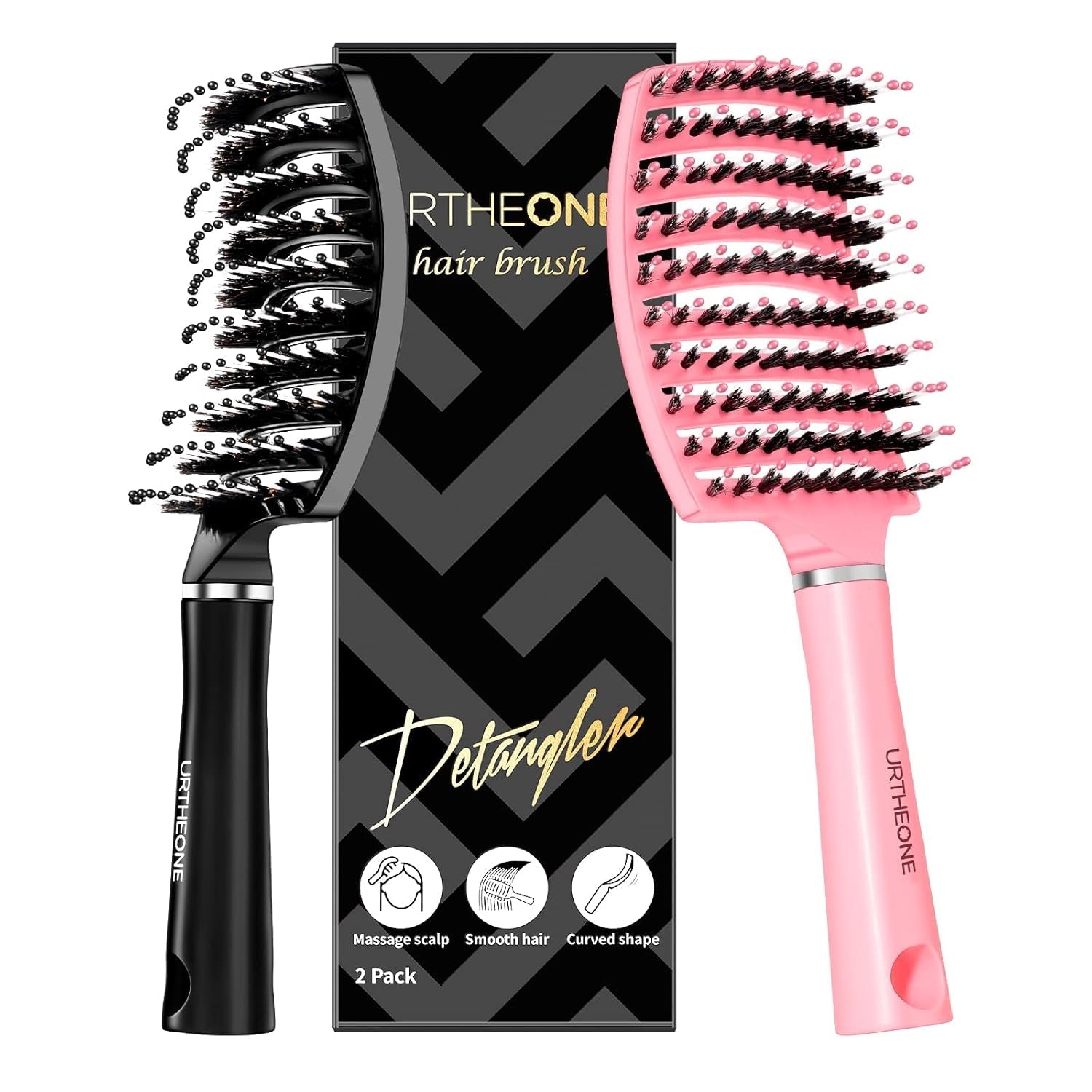Hair Brush, Detangling Hairbrush Boar Bristle Curved Vented Hair Brush for Women Men Kids Curly Thick Long Short Wet or Dry Hair, Faster Blow Drying(2Pack, Black&Pink)