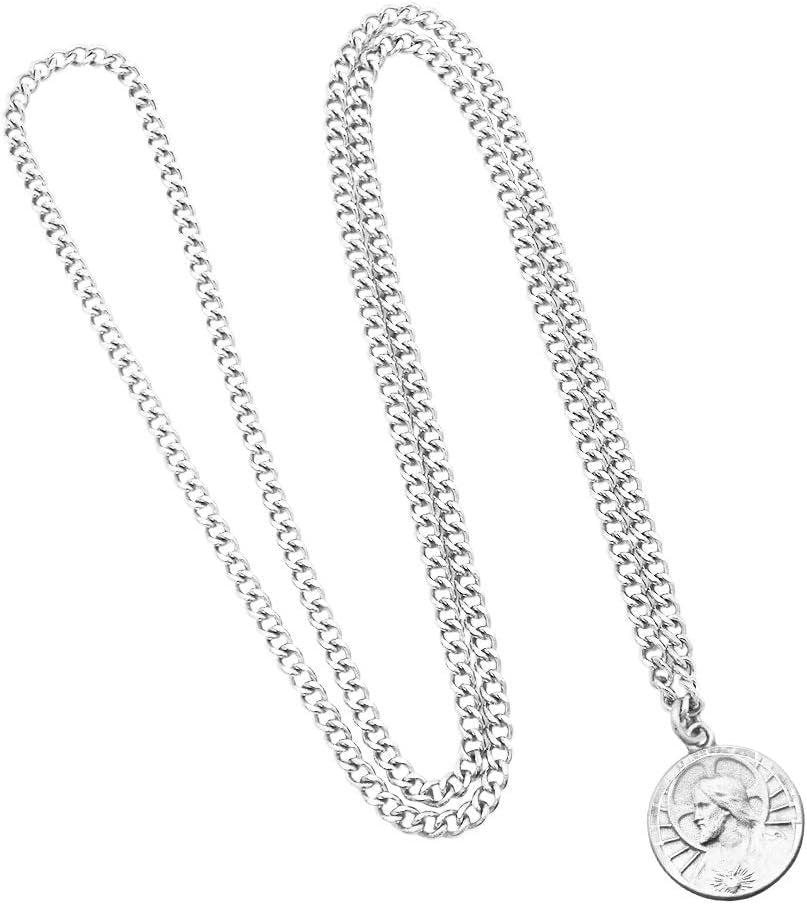 Peitite Scapular Medal Sacred Heart of Jesus Pewter Pendant Necklace, 24"