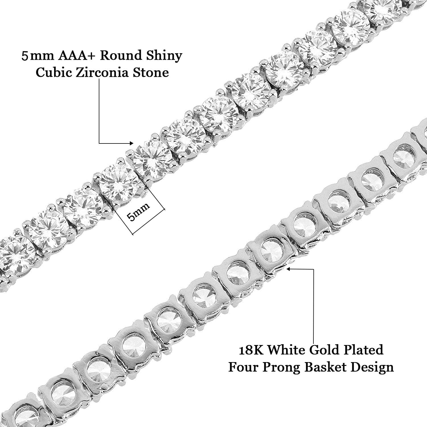 5.0-6.0Mm round Cubic Zirconia Cut Faux Diamond Tennis Chain for Women and Men 14-24 Inches