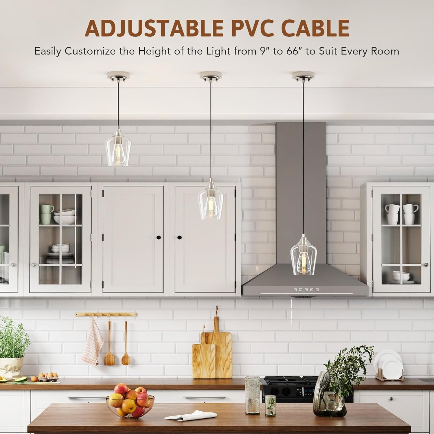 Pendant Light Kitchen Island, Brushed Nickel Pendant Light Fixture with E26 Base & Adjustable Cable, Modern Pendant Lighting with Glass Shade for Living Room Bedroom Hallway