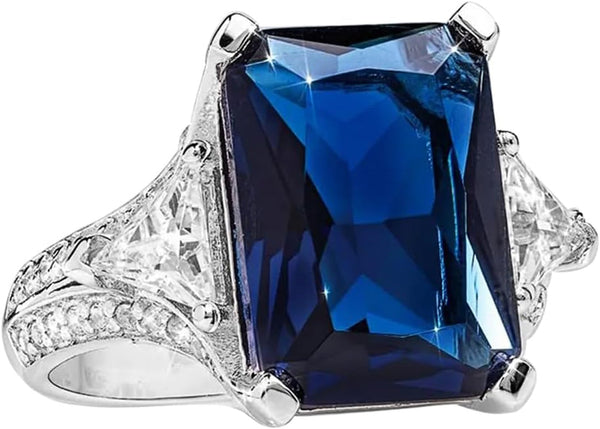Vintage Ladies 925 Sterling Silver Inlaid Sapphire Diamond Rings Square Zircon Ring Womens Shiny Blue Gemstone Engagement Wedding Promise Band Coktail Ring ST.140