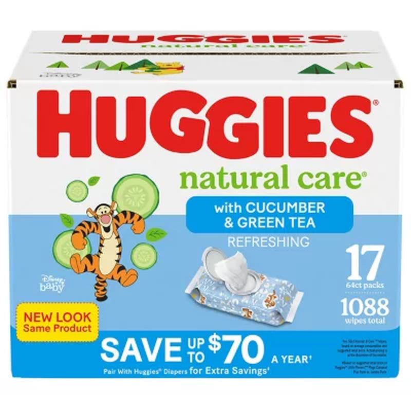 Huggies Natural Care Baby Wipes, Cucumber and Green Tea, 17 Pk., 1088 Wipes