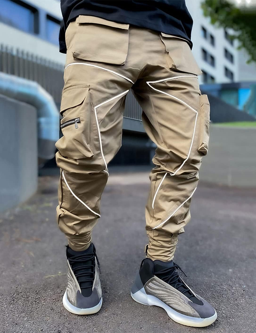 Mens Cargo Pants Hip Hop Techwear Harem Pant Jogger Sweatpants with Pockets Jogging Punk Khaki XL