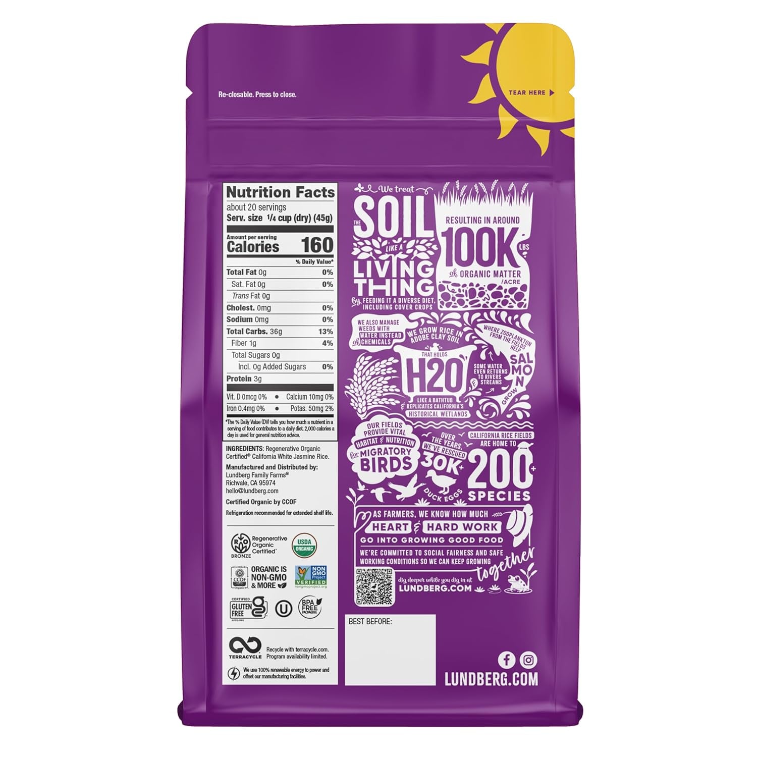 Jasmine Rice, Regenerative Organic Certified – Non-Sticky, Aromatic Long-Grain White Rice, Responsibly Grown in California, 32 Oz