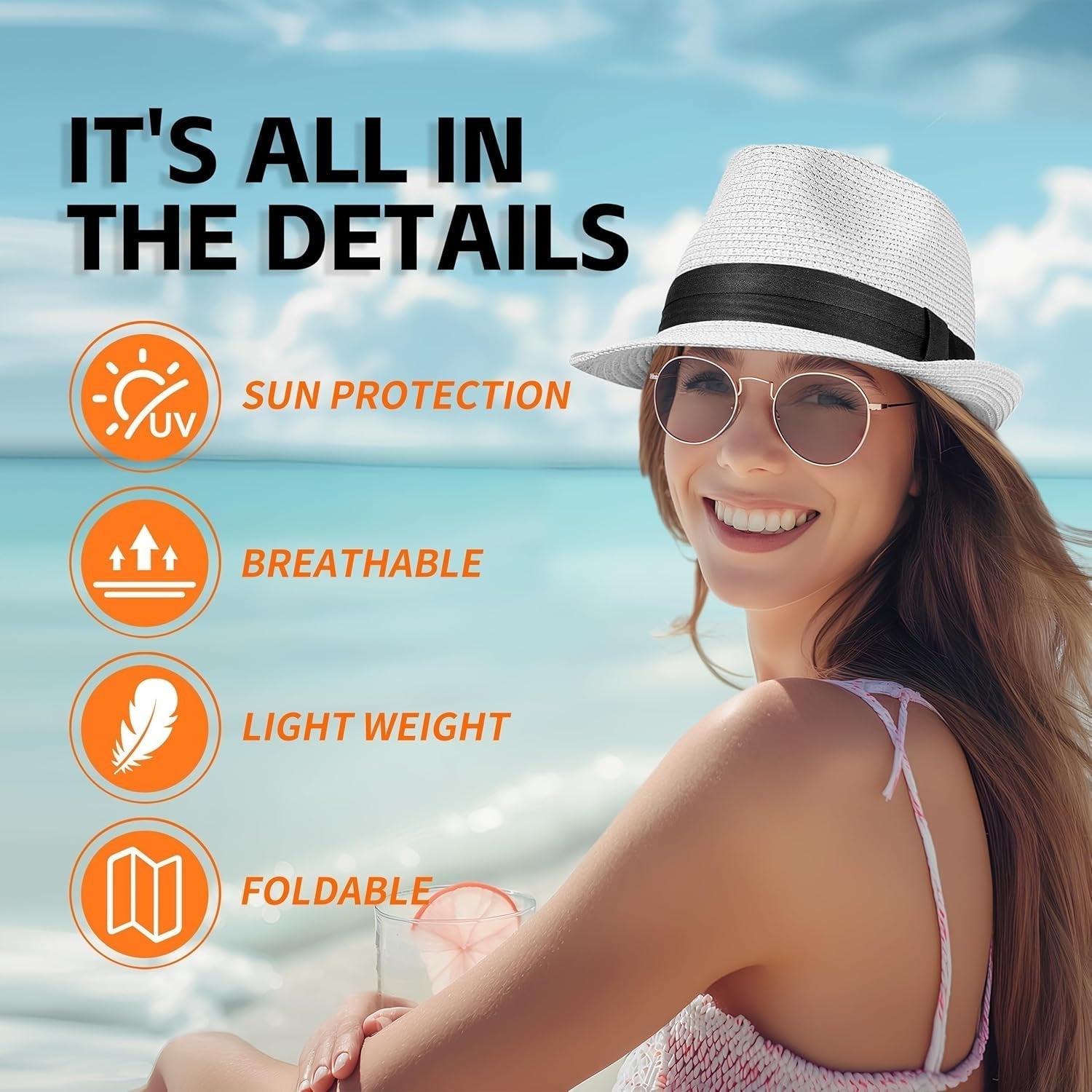 Straw Fedora Hat for Women Men Packable Short Brim Roll up Trilby Hat Panama Summer Beach Sun Hat UPF 50+