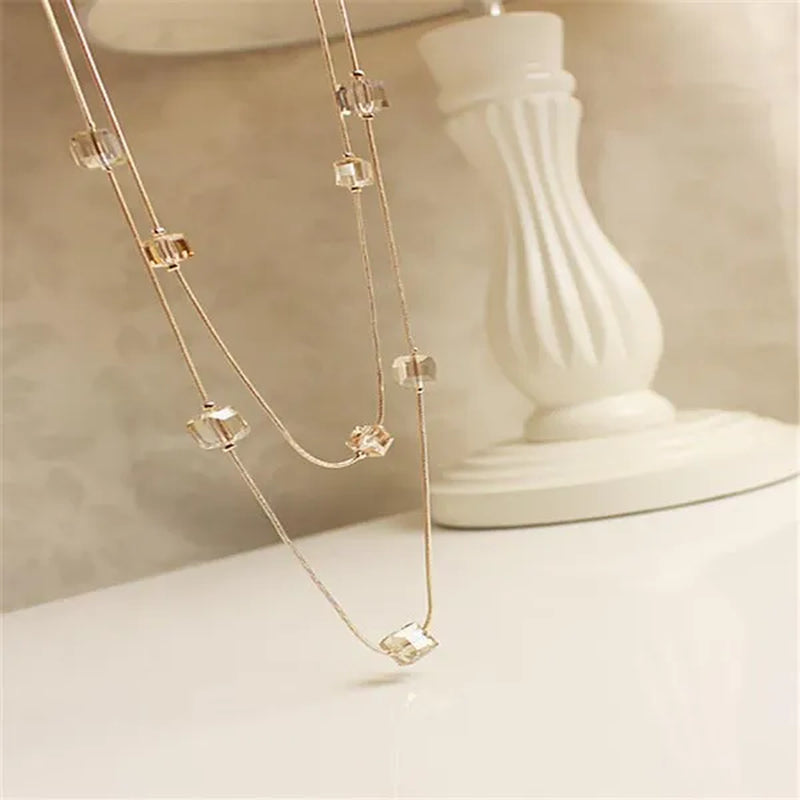 Women's Square Long Chain Sweater Necklace Fashion Double Long Tassel Necklace
