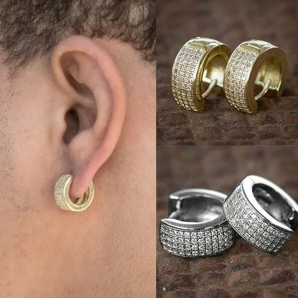 1 Pair Punk Men Women 925 Silver Small Hoop Earrings with Crystal Diamond Gold Color Round Huggie Stud Earrings Jewelry