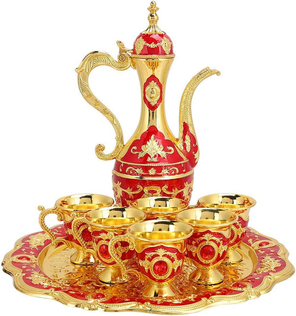 Metal Wine Drinking Cups Hip Flask Set, European Retro Wine Pot Russian Colored Tin Wine with Wine Glass Alloy Six Cup Set Wedding Gift Household Ornaments/431 (Color : Red)