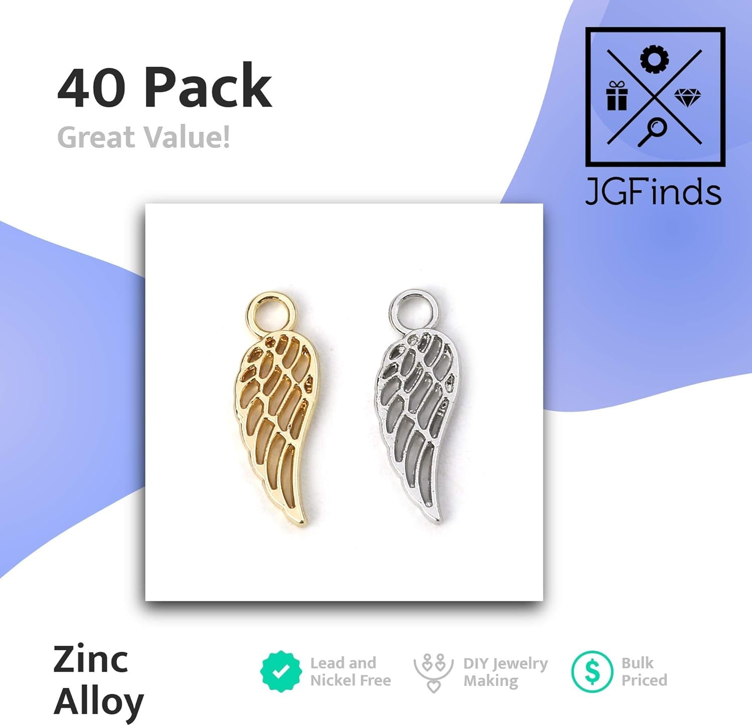 Angel Wings Pendant Charm - 40 Pack of 20 Silver / 20 Gold Toned DIY Jewelry Making Supplies; Small 7/8 Inch for Bracelet, Necklace, Earrings or Arts and Crafts
