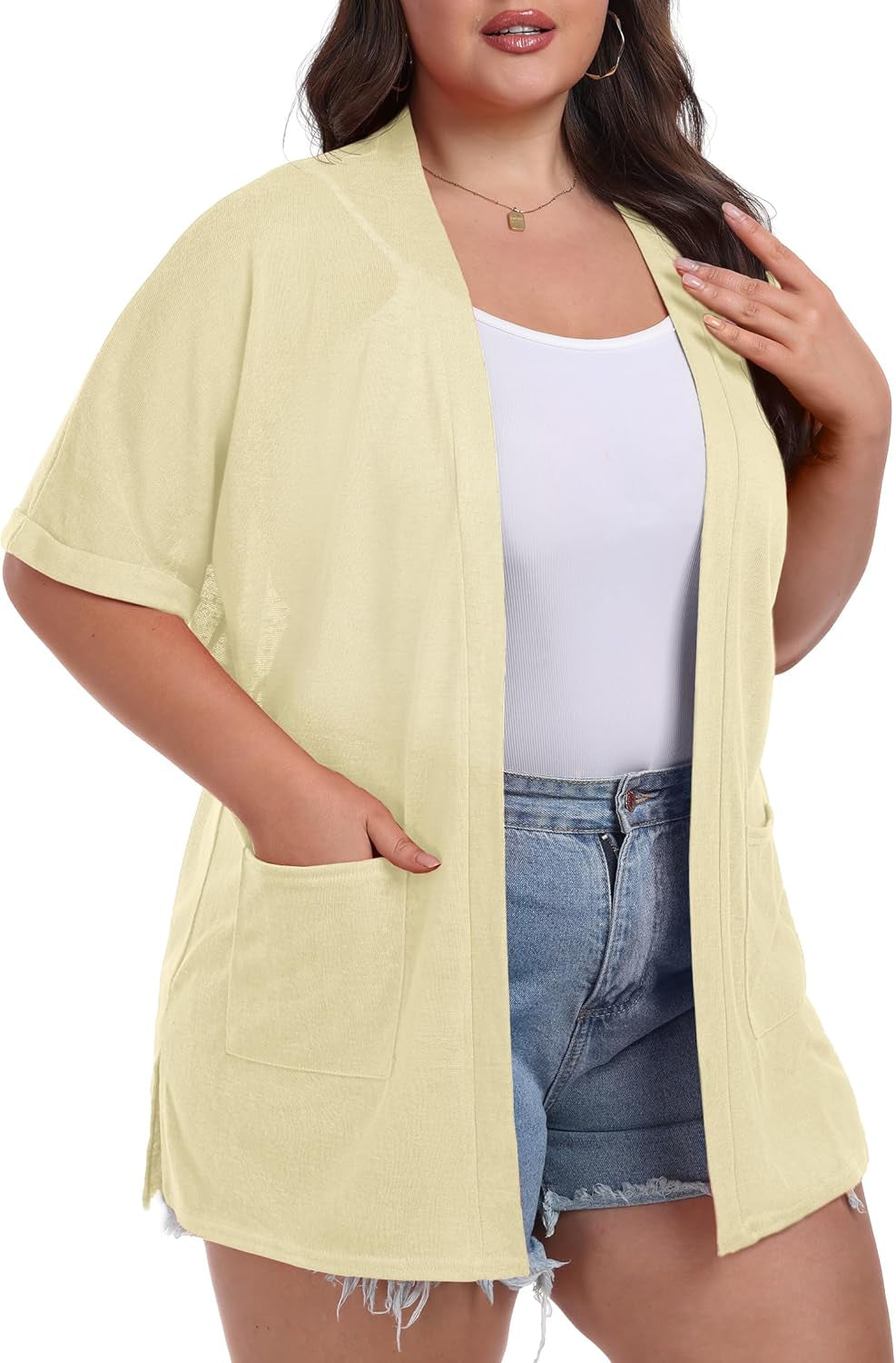 plus Size Lightweight Cardigan for Women Summer Sheer Short Sleeve Cardigan with Pockets Beach Cover Up