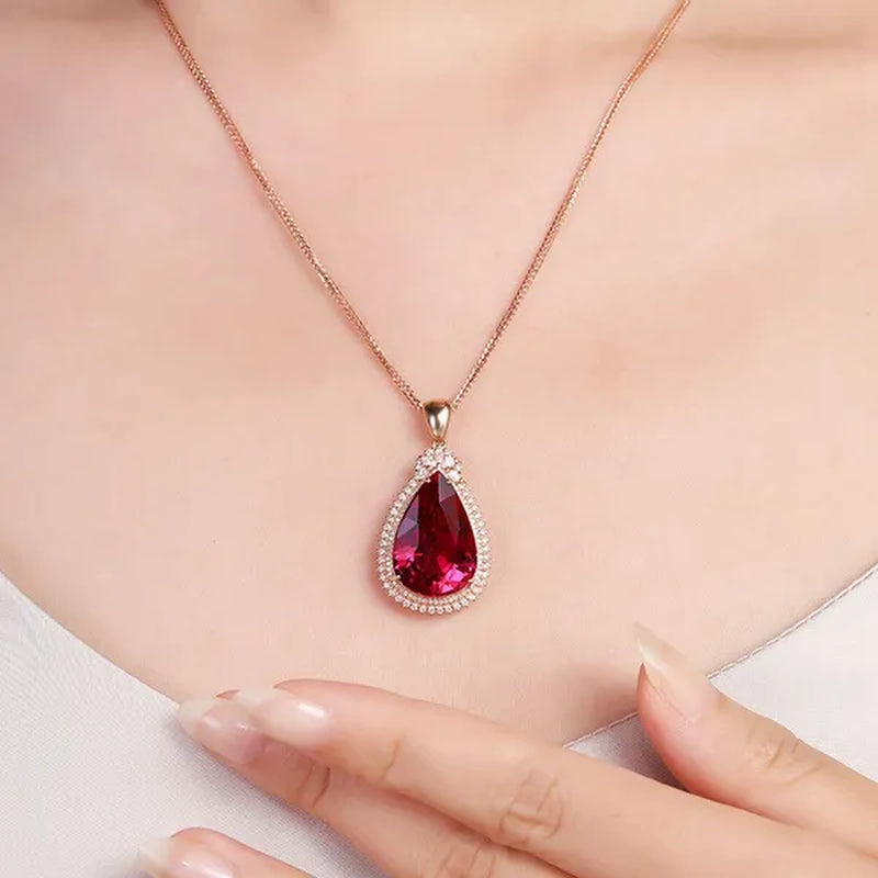 New Jewelry Fashiongold-Plated Zircon AAA Ruby Water Drop Pendant Rose Gold Necklace Ornament