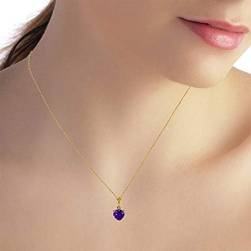 14K Solid Yellow Gold Heart-Shaped Natural 1.15 Carat Purple Amethyst Pendant Necklace