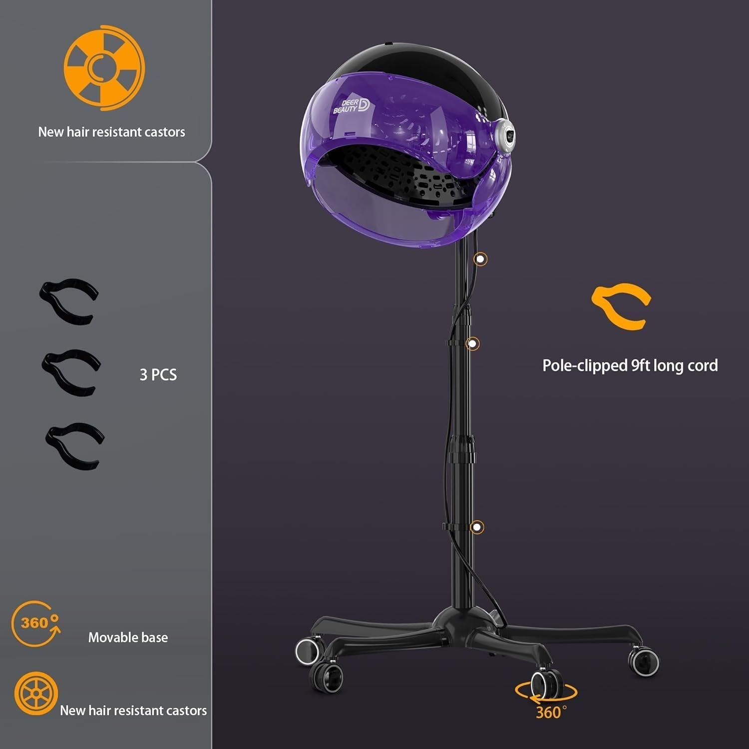 Professional Standing Hair Dryer - 1875W Floor Standing Hooded Dryer Hair Bonnet with Ionic Generator for Professional Salon Station Spa Home Use Hair Drying Treatment Adds Shine Volume (Purple)