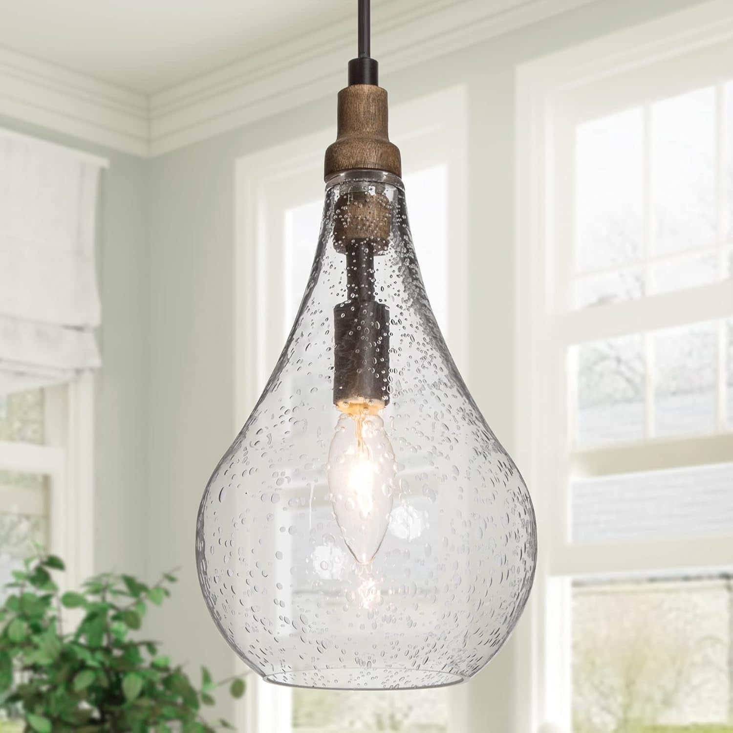 Farmhouse Wood and Glass Pendant Lighting for Kitchen Island Bedroom, Dining Room, Entryway, Sink, Breakfast Nook