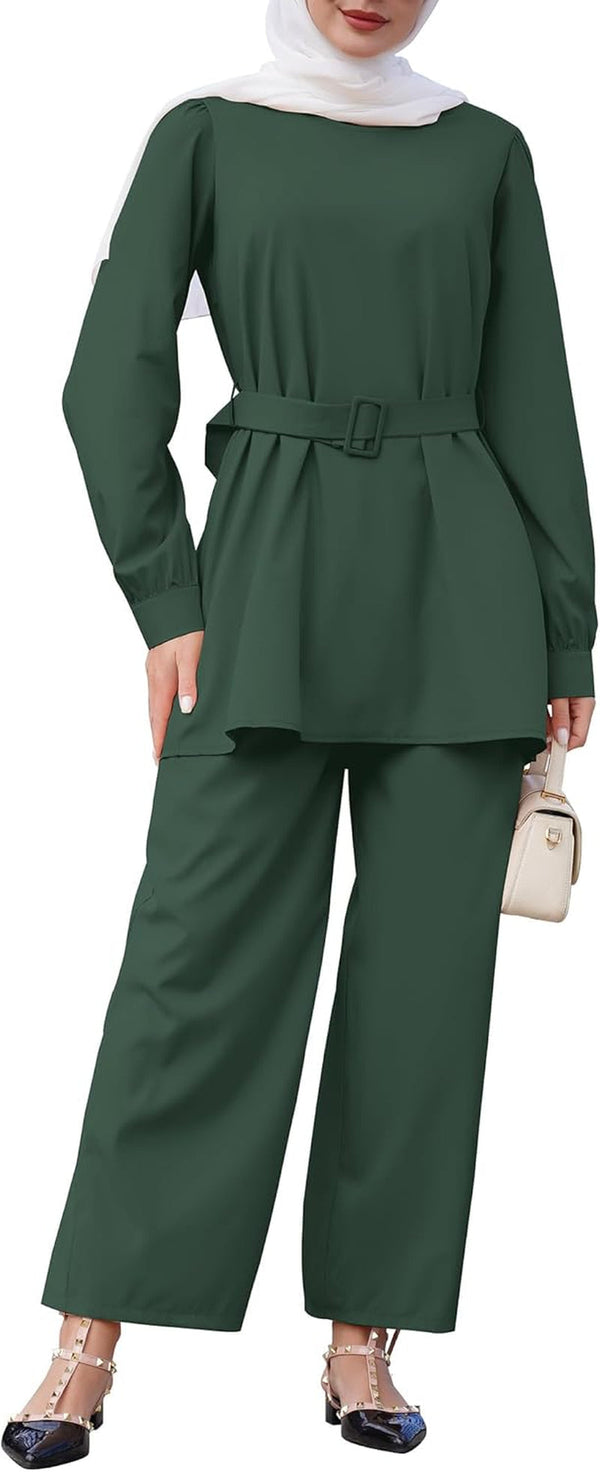 Abayas for Women Muslim 2 Pieces Set Long Sleeve Loose Top Pants Eid Ramadan Dubai Islamic Muslim Clothes with Belt