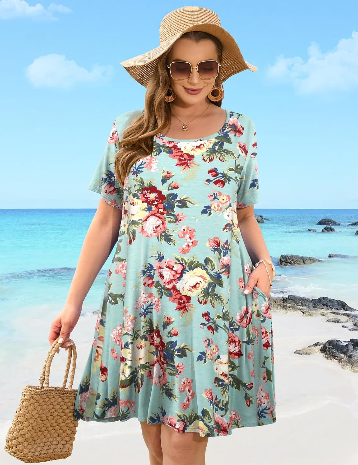 plus Size Summer T-Shirt Casual Dresses for Curvy Women Flowy Swing
