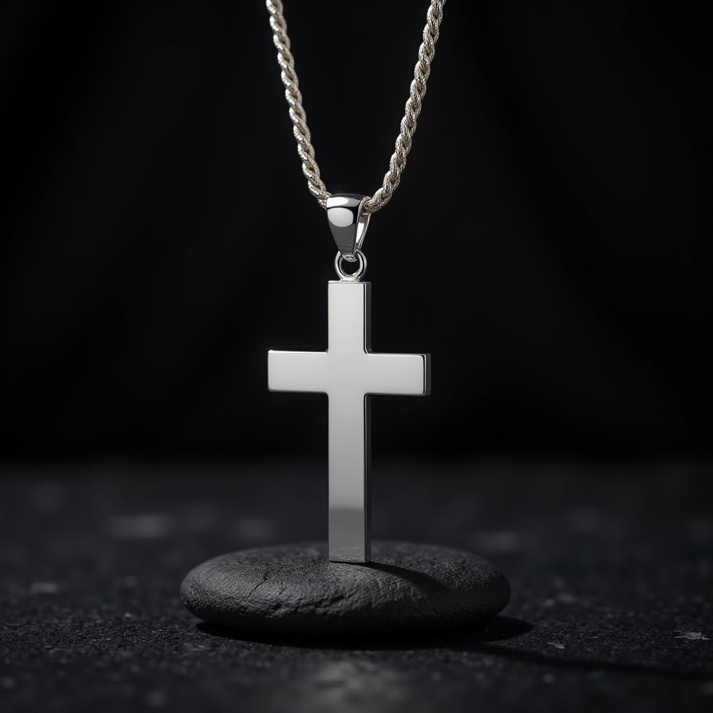 Men'S 925 Sterling Silver 40Mm Christian Cross Pendant Necklace 20In to 24In