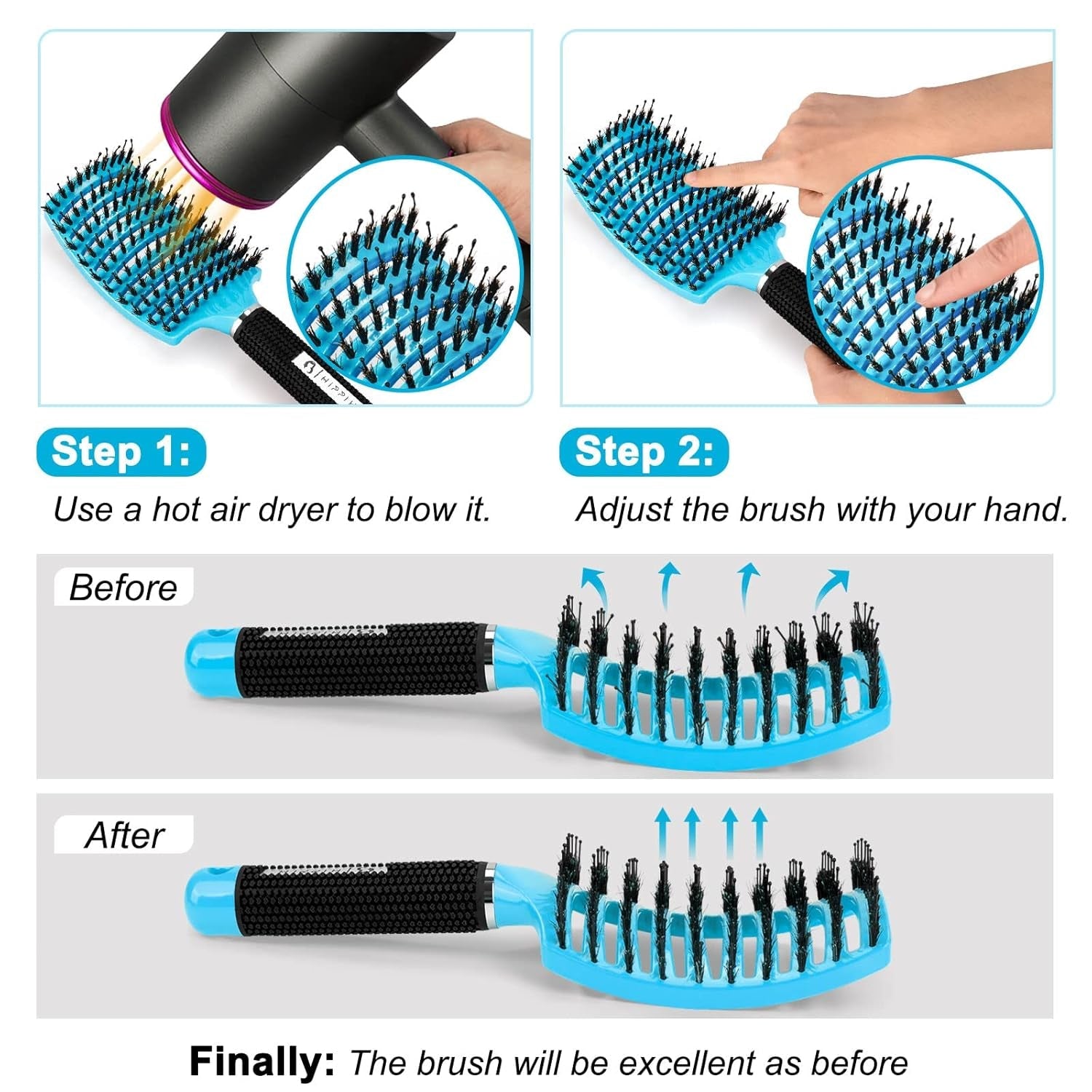 Boar Bristle Hair Brush 2 Pack,  Wet & Dry No Pull Curved Vented Hair Brush, Styling Voremy Magical Brush Detangler for Kids & Men, Hairbrush for Women Can Adds Shine & Smooth Curly Thick Hair