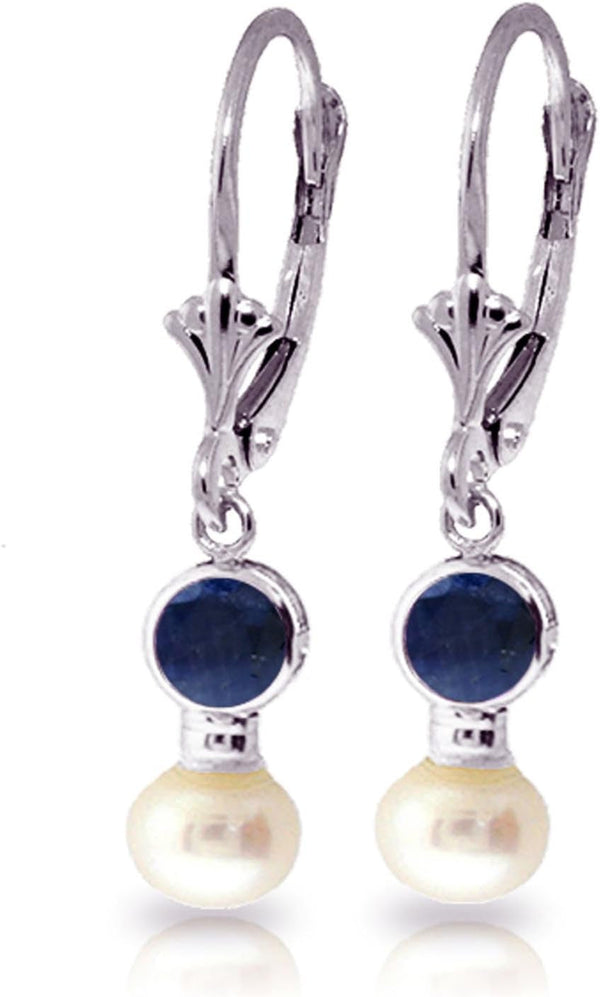 5.2 CTW 14K Solid White Gold Leverback Earrings Pearl Sapphire