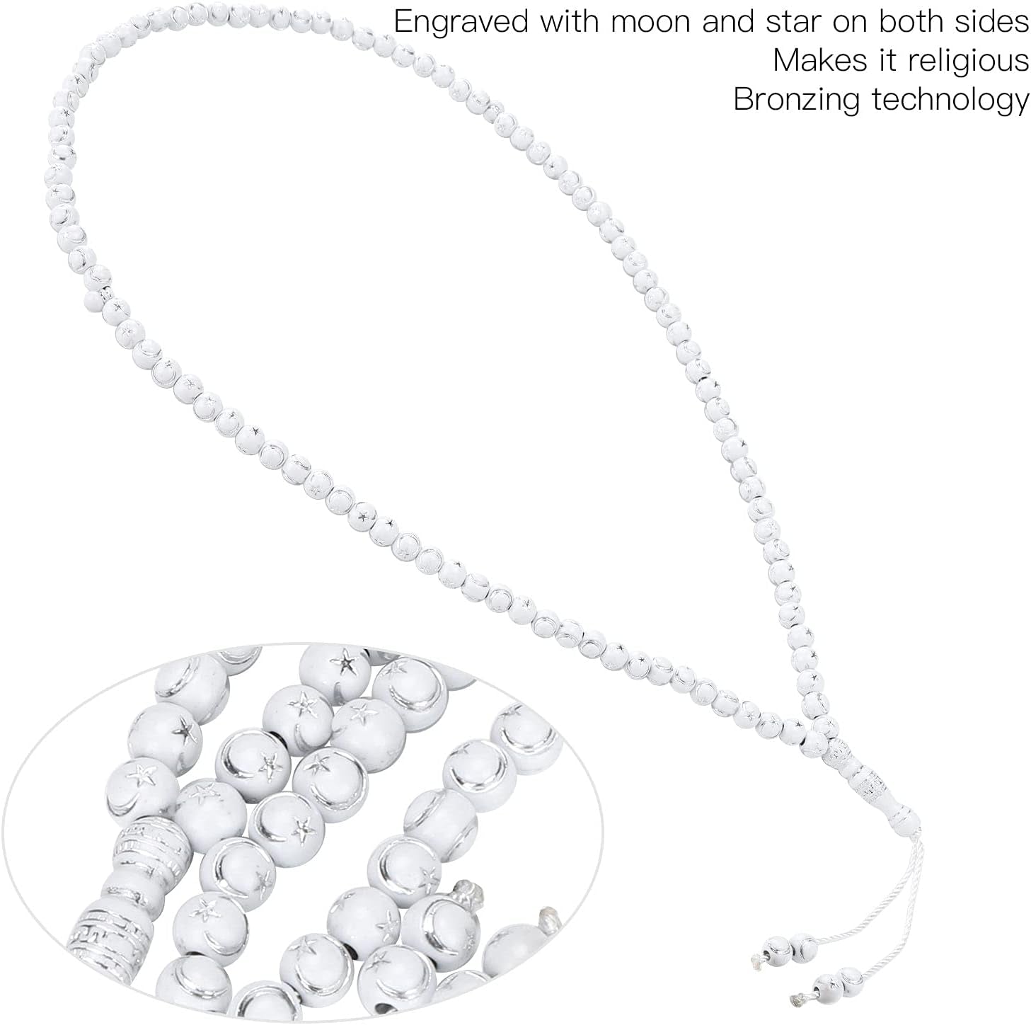 Islamic Prayer Beads, Muslim Rosary Beads 99 Grains Resin Gilding Religious Article(White)