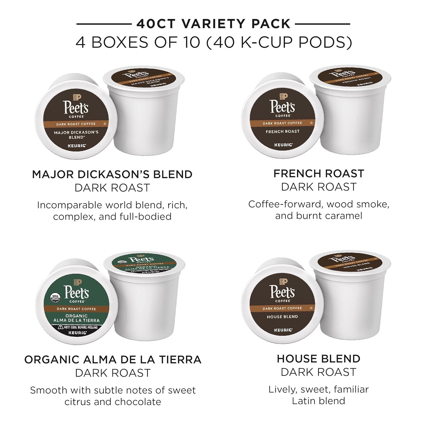 , Keurig K-Cup Pods Dark Roast Variety Pack - Major Dickason'S Blend, French Roast, Organic Alma De La Tierra, House Blend, 40 Count (4 Boxes of 10 K-Cup Pods)