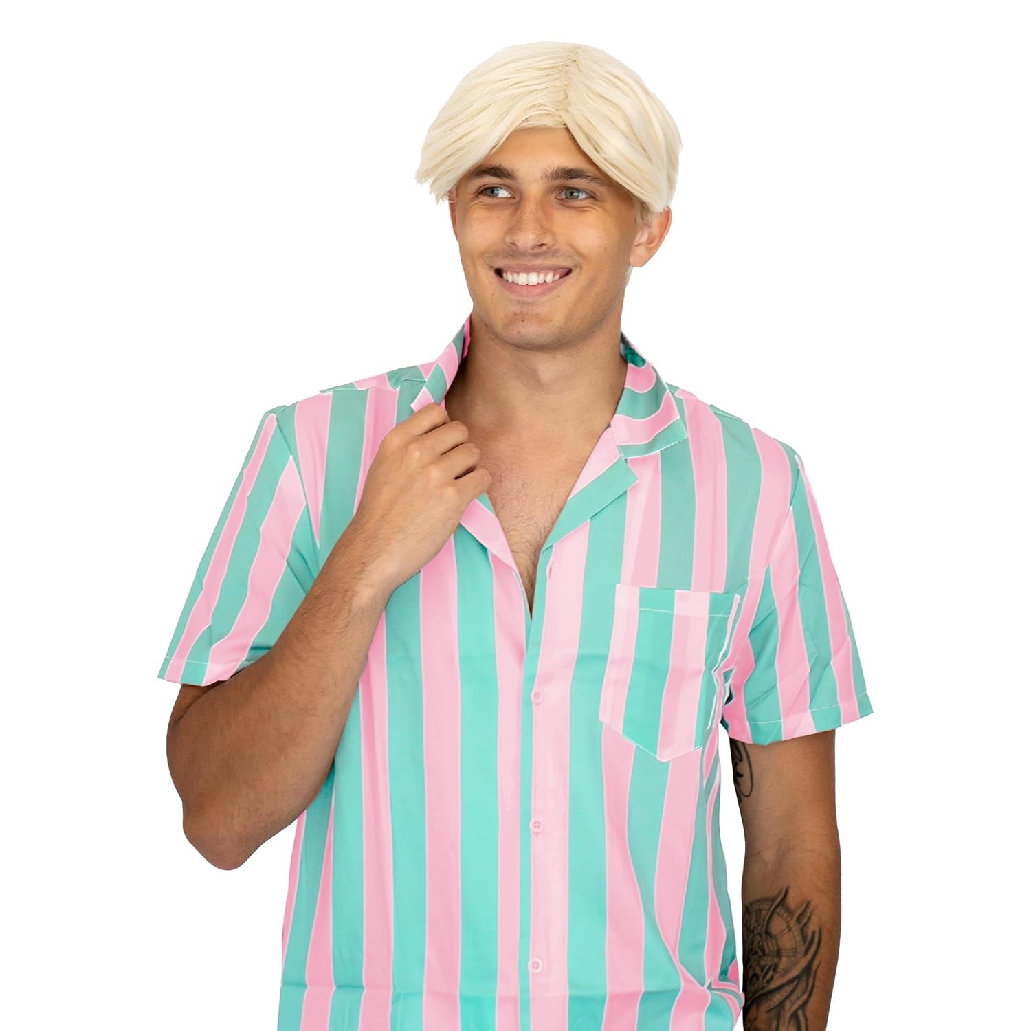 '- Blonde Beach Dude Wig - Short Synthetic Layered Bleach Blond Doll Costume Hair for Men with Adjustable Wig Cap